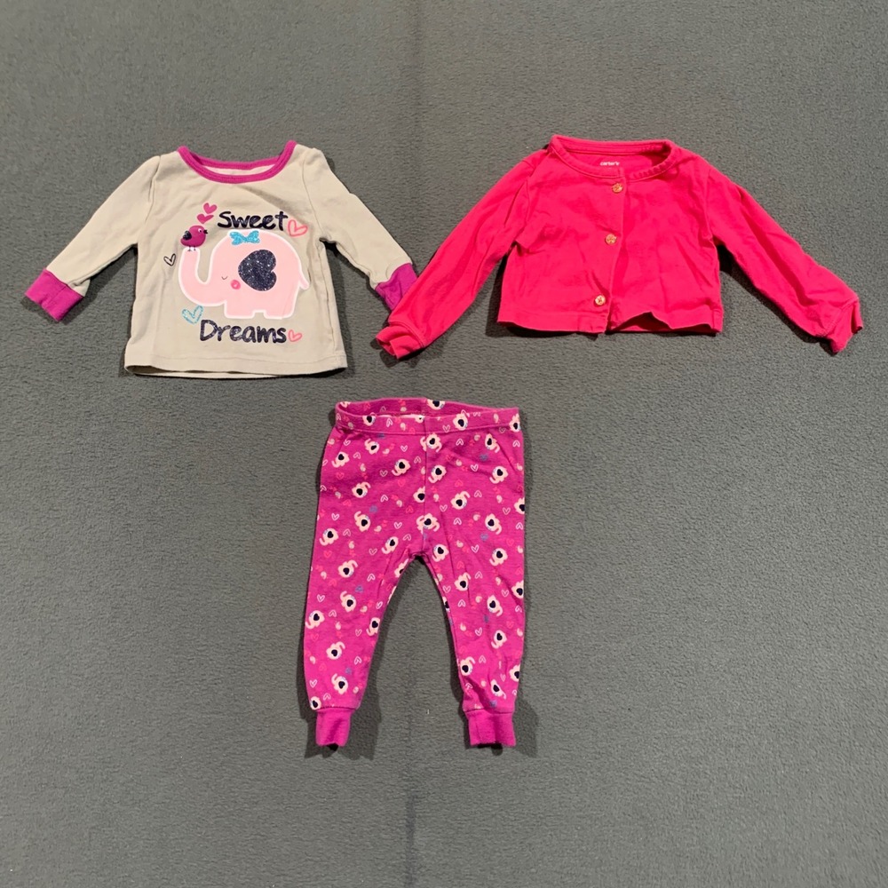 Carters Girls 9M Pajama Set Pink Gray Elephant Heart Shirt Pants & Cardigan
